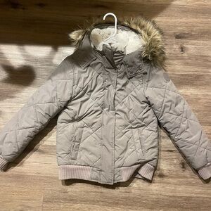 abercrombie kids Light Taupe Quilted Puffer Jacket with Faux Fur Hood